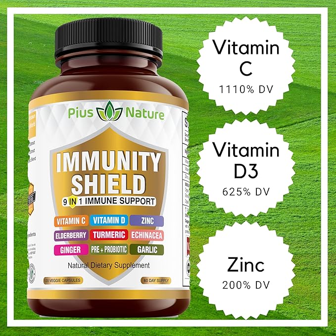 9-in-1 Immune Support Vitamin C (1000mg), D3 (5000 (5000 IU), Zinc(22mg) with (120 caps 2 month