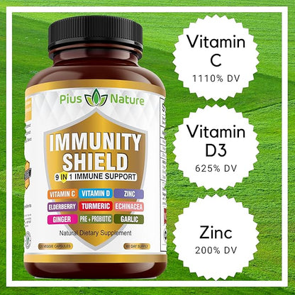 9-in-1 Immune Support Vitamin C (1000mg), D3 (5000 (5000 IU), Zinc(22mg) with (120 caps 2 month