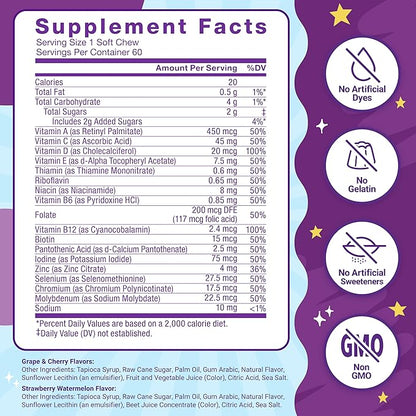 FORCE FACTOR Kids Multivitamin Super Chews, 18 Vitamins, 2-Month Supply, 60 Soft