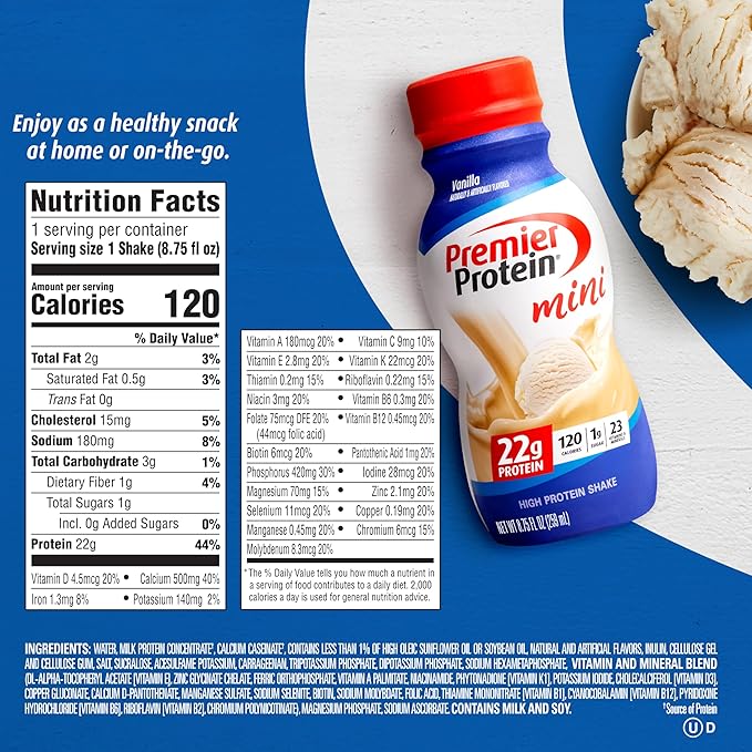 Premier Protein Shake MINIs, Vanilla, 22g 120 Calories, 1g Sugar, 8.75fl oz, 12