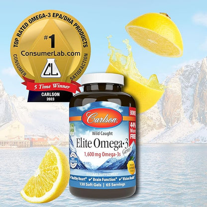 Carlson - Elite Omega-3 Gems, 1600 Omega-3 Fatty 3 Fish 130 Softgels