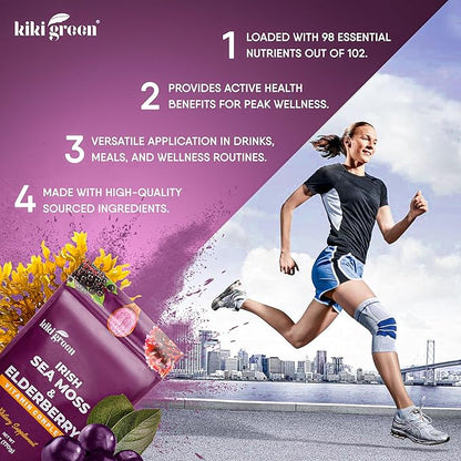 KIKI Green Sea Moss Powder with Elderberry - Vegan Superfood Multivitamin Blend - for Immune Boost and Support - Add to Smoothies, Juice, 6 oz